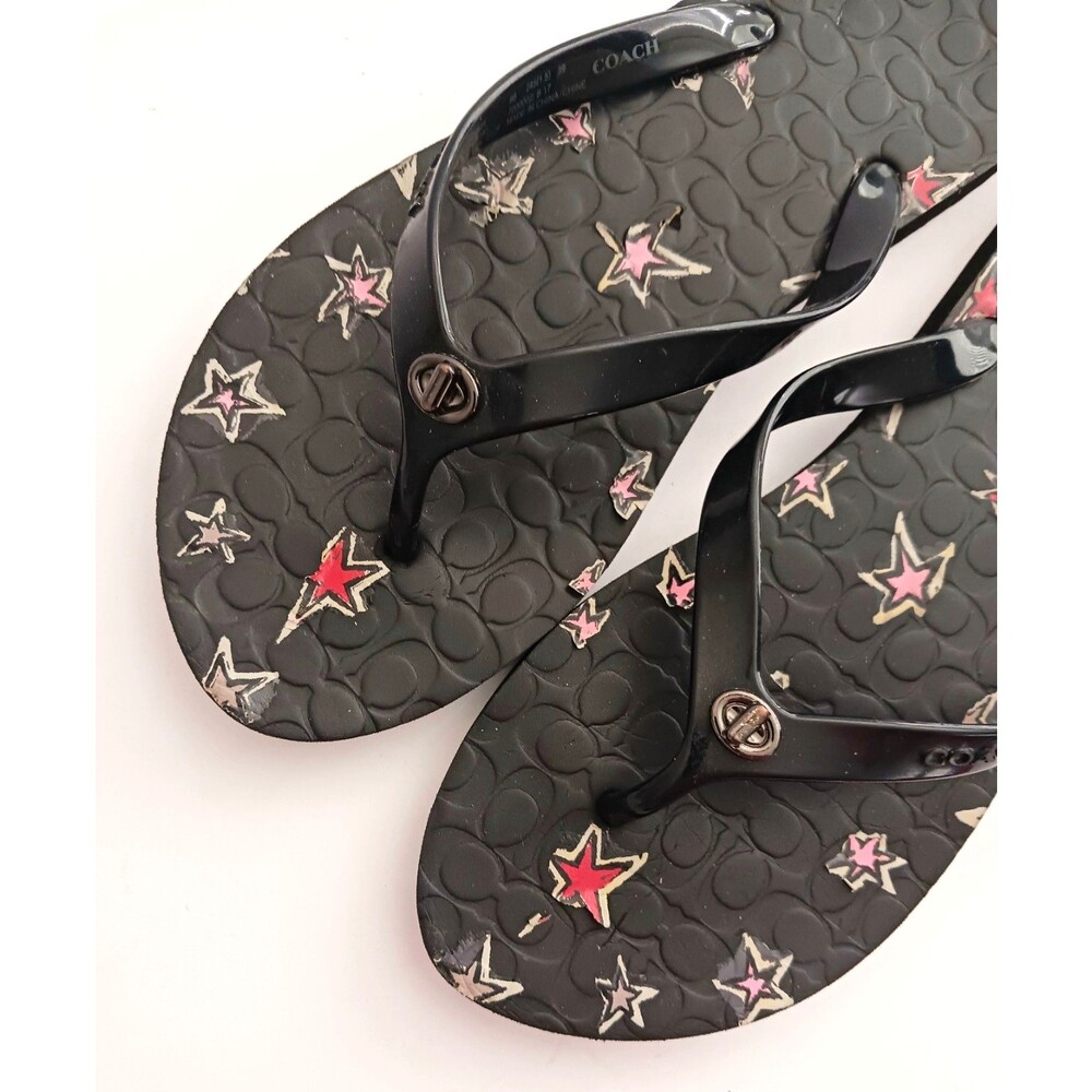 Coach Abbigail Turnlock Flip Flops Black C Logo Embossed Insole w Stars Sz 9 - Picture 3 of 9